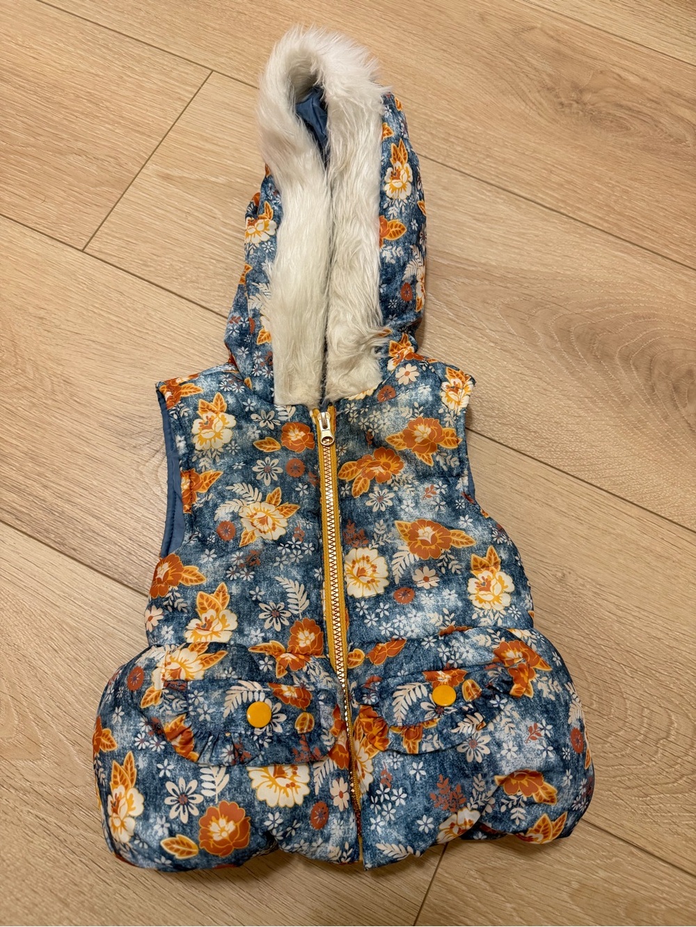Little Lass Blue Floral Puffer Vest with Faux Fur Hood